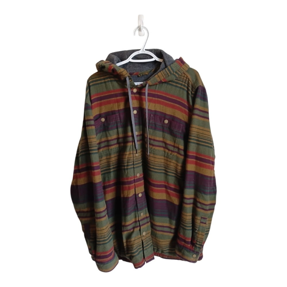LL Bean Baja Syle Striped Hooded Button-Up Shirt Jacket - Green Multi Large Tall